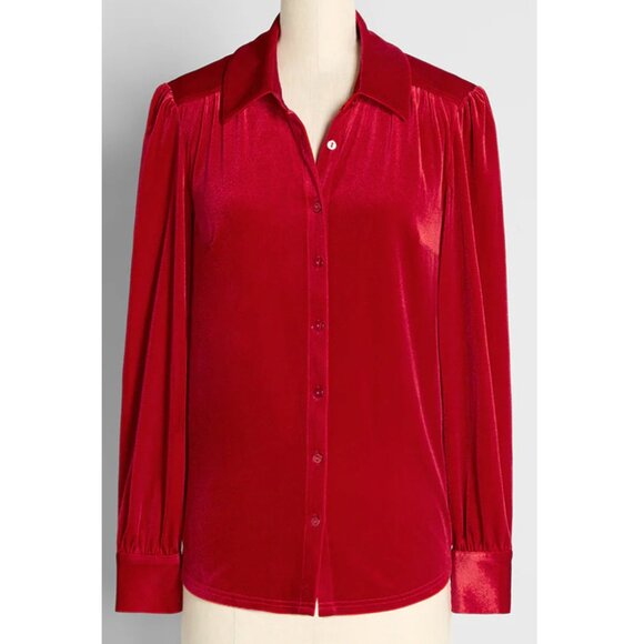 ModCloth Be Buzzworthy Velvet Button-Up Top - Picture 4 of 9
